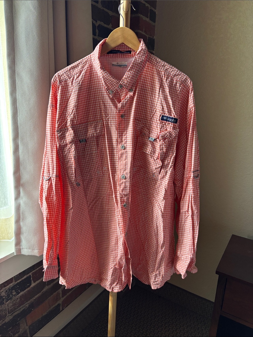 Columbia Super Bahama Men's Orange Gingham Button-Down Shirt Size XXL